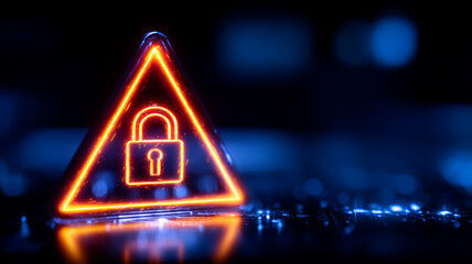 A warning triangle displaying a padlock symbol on a digital surface representing restricted access alert and security risk prevention.

