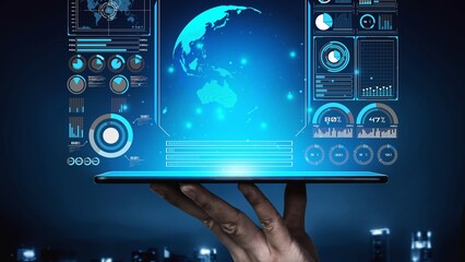 High-tech global network connection interface showing worldwide digital communication, data exchange, and internet connectivity. Global connection, data interaction, and worldwide communication. Thunk