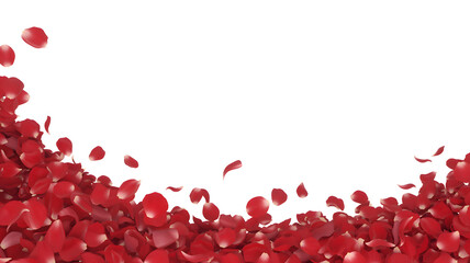 Falling red rose petals isolated on white background, romantic flower scatter and love decoration