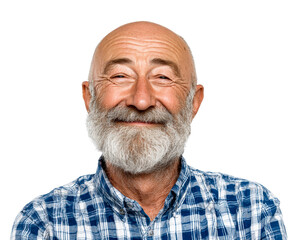 Obraz premium Cheerful elderly bald man with a thick grey beard and friendly eyes gives a genuine, warm smile while looking directly at the camera in a detailed headshot