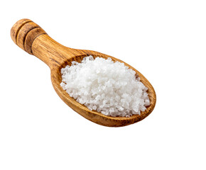 Rustic wooden spoon filled with coarse white sea salt crystals, a natural mineral ingredient for cooking, seasoning, and healthy food preparation in a detailed macro view