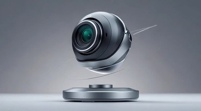 Modern camera lens floating above a sleek platform in grey setting  