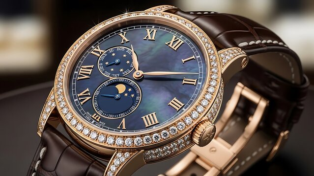 Luxurious diamond-encrusted wristwatch with moon phase complication on a dark leather strap.