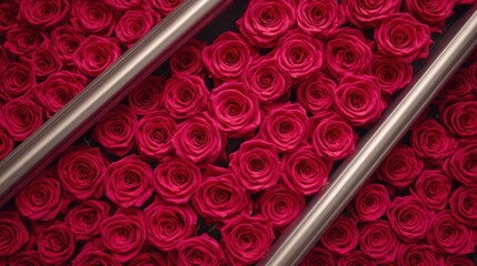 Fresh red roses arranged in rows between metal rails for floral processing or packaging