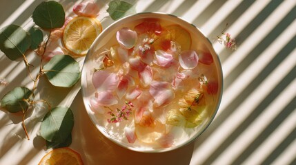 A bowl filled with water, floating pink rose petals, citrus slices, and small flowers placed on a white surface with dramatic sunlight and shadows.