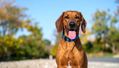 A happy Rhodesian Ridgeback dog with its tongue out, sitting outdoors in a park on a sunny day.