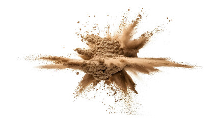 Dust explosion cloud burst isolated on white background, sand debris impact and powder blast effect