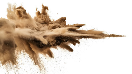 Dust explosion cloud burst isolated on white background, sand debris impact and powder blast effect