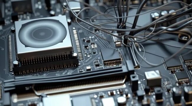 Closeup of computer circuit board with processor and wires  
