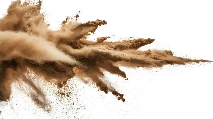 Dust explosion cloud burst isolated on white background, sand debris impact and powder blast effect