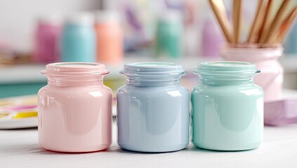 Pastel paint jars in a row; paintbrushes blurred in background