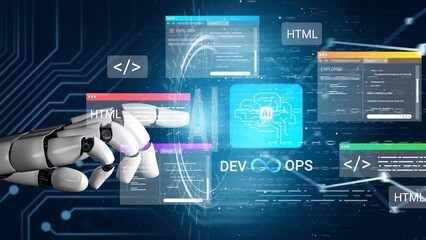Futuristic robotic hand interacting with digital DevOps interface displaying HTML codes and artificial intelligence connections in a tech environment Gluon.