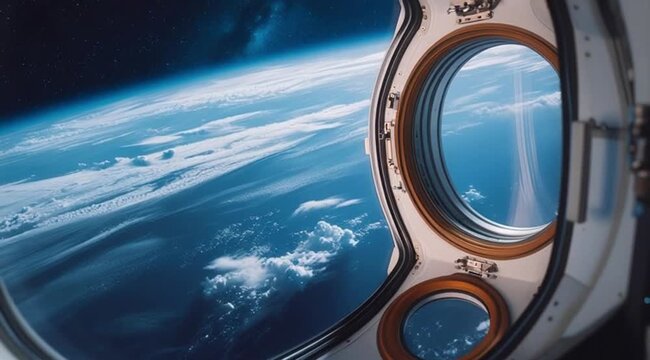 View of Earth from spacecraft window in outer space  