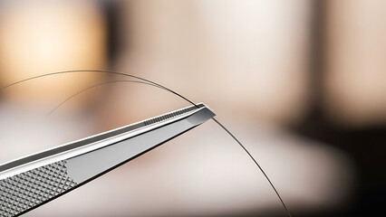 Detailed macro shot of modern metal tweezers carefully pulling a single strand of dark hair for precision grooming