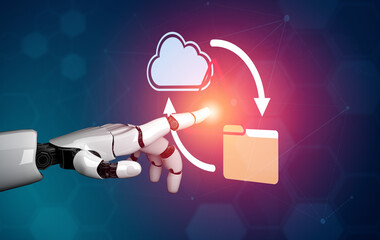 A futuristic robotic hand interacts with cloud and folder icons, illustrating advanced technology concepts in a digital world, emphasizing automation and connectivity. Gantry