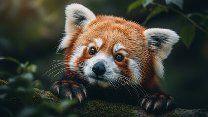 Obraz premium Curious red panda peeking from lush green foliage with gentle eyes