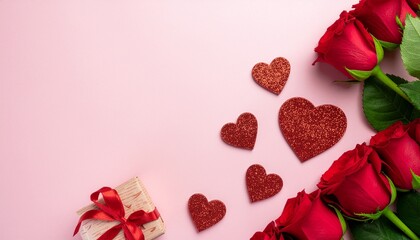 Red roses and heart shaped decorations alongside a small gift box on a light pink surface create a romantic arrangement