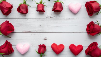 Arrangement of red rose petals, red roses, and pink hearts on a white surface creating a frame with space in the middle