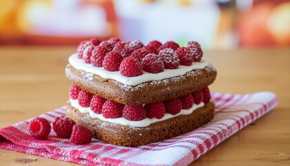 Heart shaped cake with raspberries between layers on a pink and white checkered cloth placed on a wooden surface