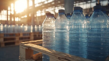 Stacks of plastic drinking water bottles with condensation forming in sunlight at a facility