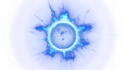Blue electric energy explosion ring effect isolated on white background, glowing shockwave burst