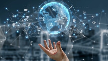 Global AI-powered digital network ecosystem connecting data, finance, analytics, ecommerce, communication, and automation across continents through technology and cloud Marrow