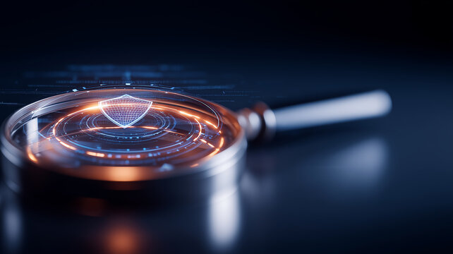 A magnifying glass focusing on a digital security shield, representing cyber threat analysis and proactive system defense concepts.
