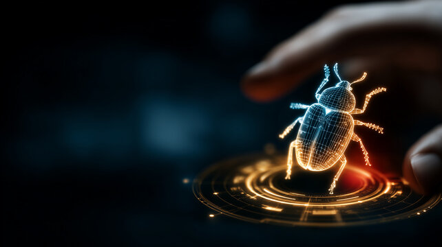 A holographic digital insect emerging from a data platform representing advanced cyber threat visualization malware detection and security intelligence analysis.
 - Powered by Adobe