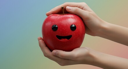Two hands holding a red apple with a smiley face