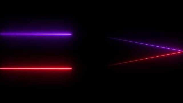 Neon technology stripes line animation.  Moving neon curve line on black background.  Seamless loop laser lines. Abstract neon light background.