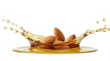 Almonds with honey splash isolated on a transparent background