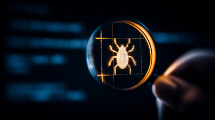 A digital insect icon inside a magnifying glass representing malware detection cybersecurity threats and system vulnerability analysis.

