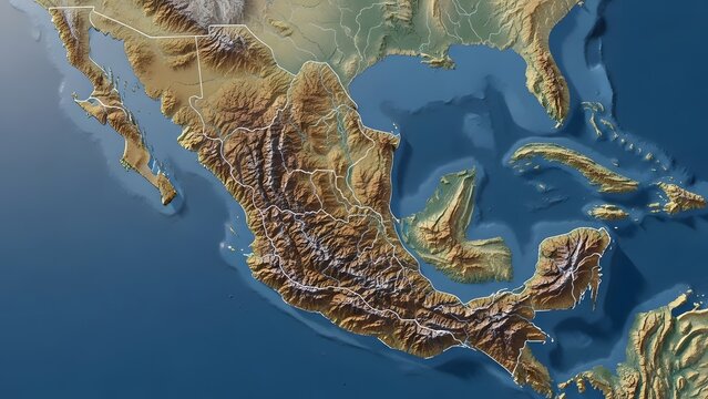 Mexico 3D Relief Map - Physical Topography with Borders