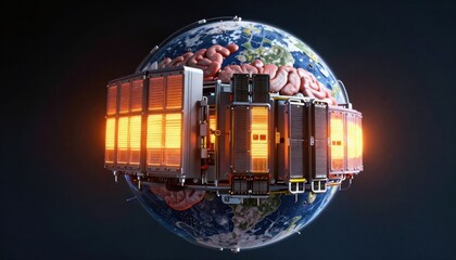 Futuristic brain-computer interface technology orbiting Earth