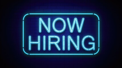 Vibrant neon now hiring sign on dark brick wall background