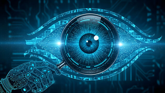 Futuristic blue eye with circuit board and microchip details on a dark background with glowing blue lights and a technological cybernetic theme