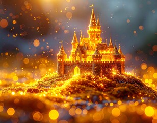 Golden Fantasy Castle with Sparkling Light Epic Scene