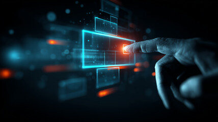 A finger pressing a digital interface button representing user interaction technology control and decision activation.
