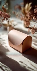 Curvy box with soft light and blurred flowers backdrop