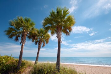 Scenic tropical beach with palm trees under blue sky and ocean view
