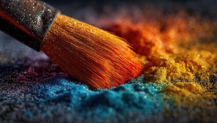 Paintbrush bristles meet vivid, colorful powder in a close-up shot