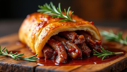 Savory beef Wellington wrapped in pastry with herbs on wooden board  