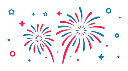 Vibrant red and blue fireworks exploding in night sky with stars