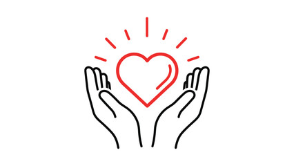 Two cupped hands gently offering a glowing red heart symbol icon for care