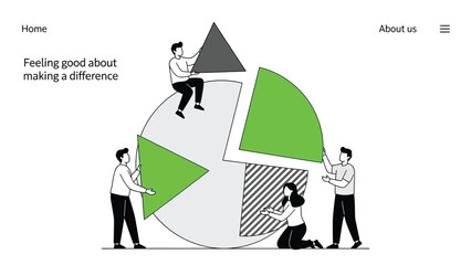 Small team of diverse people collaboratively building a large pie chart showing progress and contribution