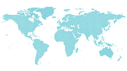 Abstract world map illustration created using many small cyan dots representing global connection and geography