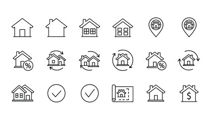 Collection of various thin line icons representing real estate buying selling and mortgage concepts