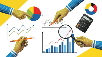 Hands analyzing various business performance charts and calculating financial data for strategic growth planning