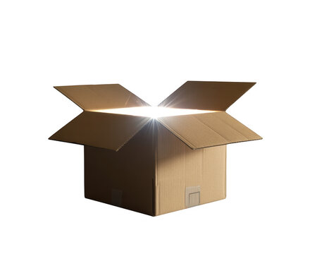Brown cardboard box with open flaps and light shining through isolated on a transparent background