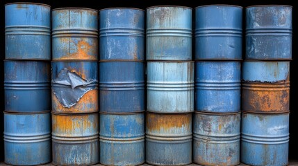 Stacks of severely dented blue steel drums showing rust and wear arranged unevenly for industrial storage or waste